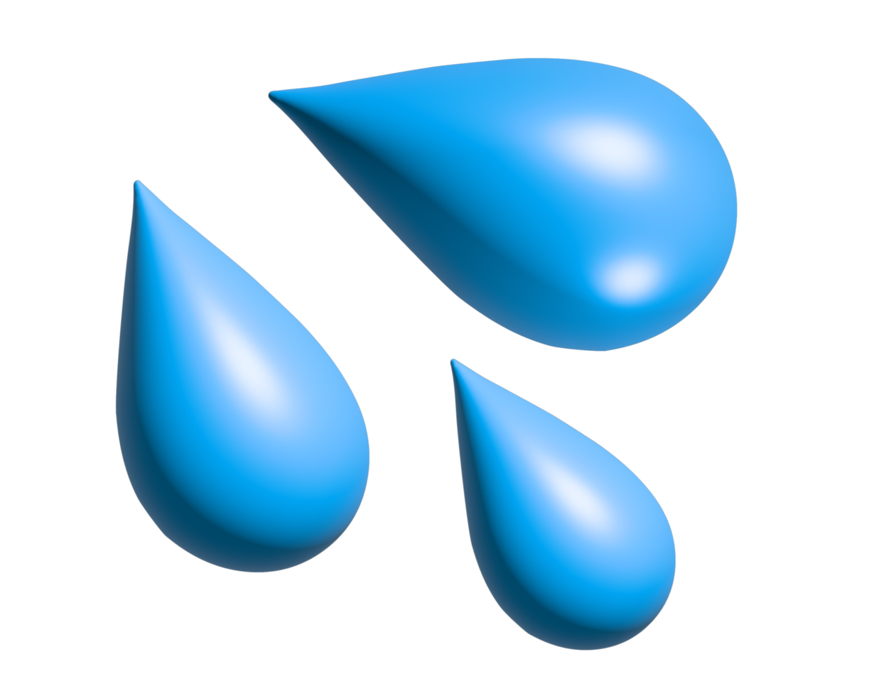 Three light blue droplets 3D icon, as sweat beads, splashing down to right png