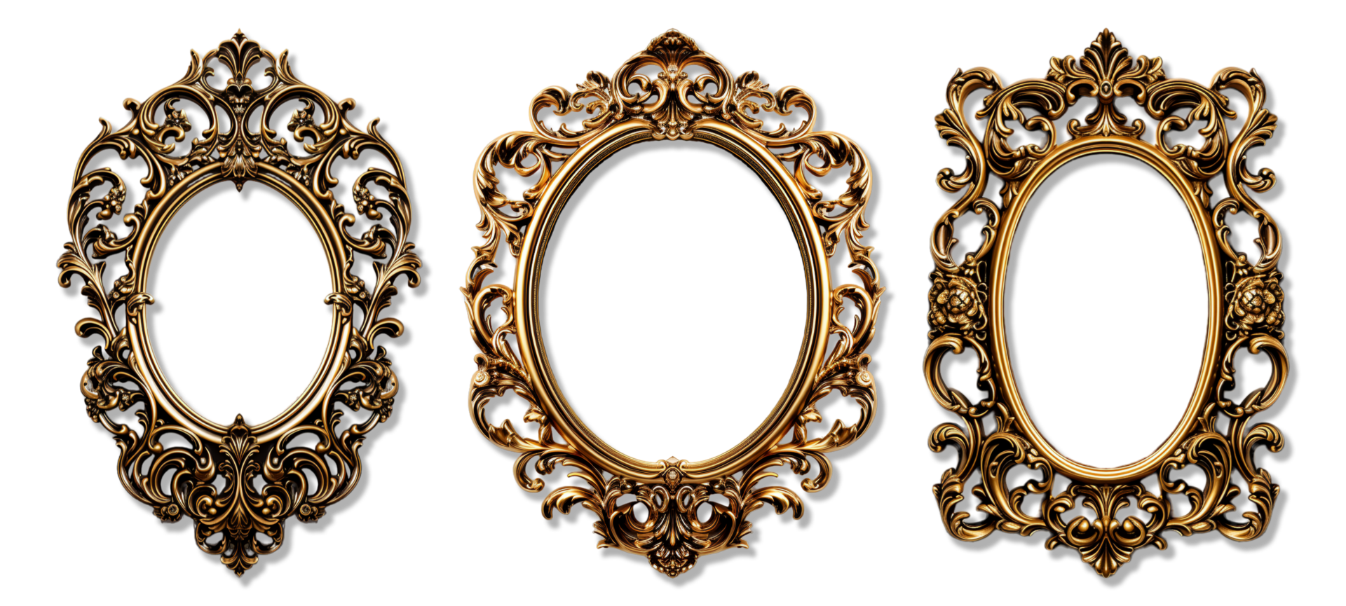 AI generated Set of round shaped decorative vintage gold frames with elegant carvings, isolated