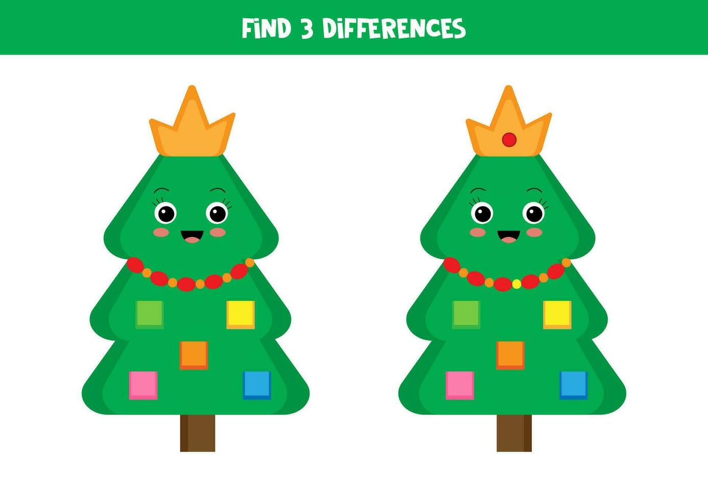 Find 3 differences between two cute cartoon Christmas trees. vector