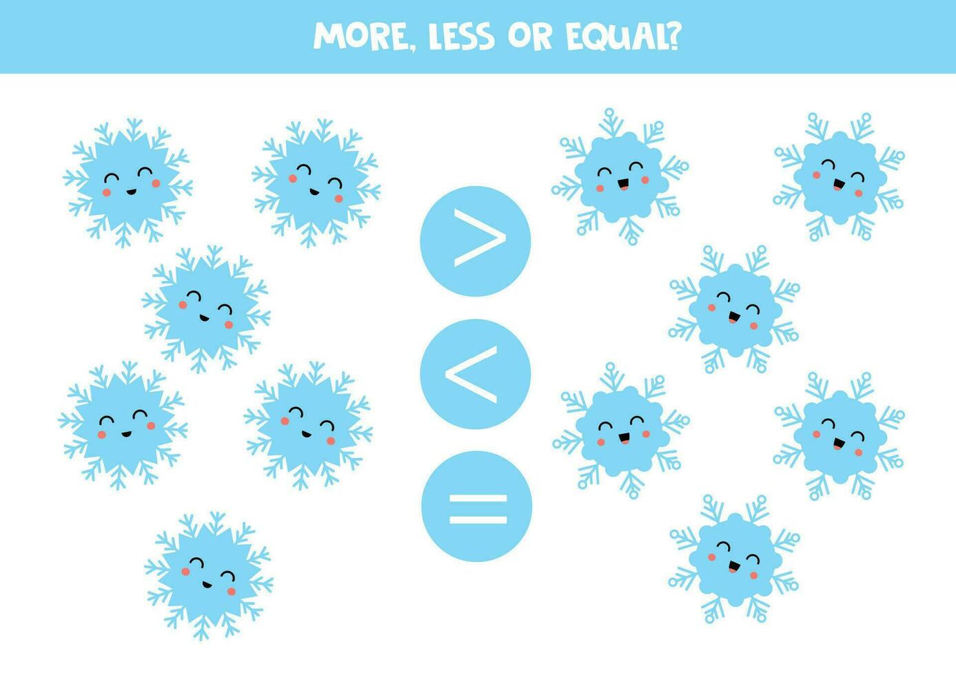 Grater, less or equal with cartoon kawaii snowflakes. vector