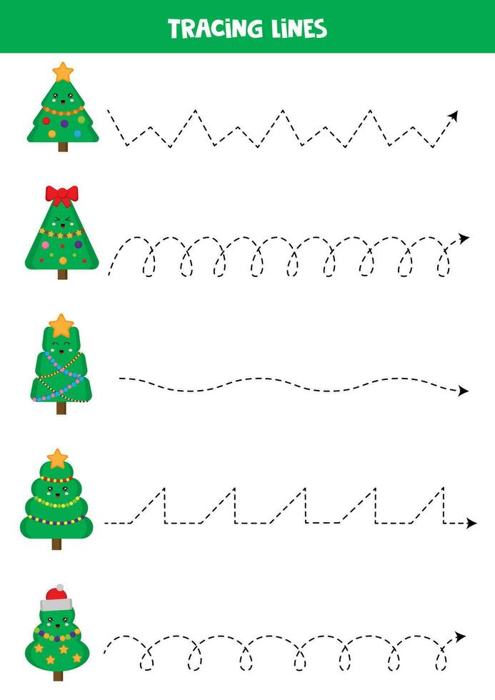 rastreo líneas para niños. linda dibujos animados Navidad arboles escritura práctica. vector