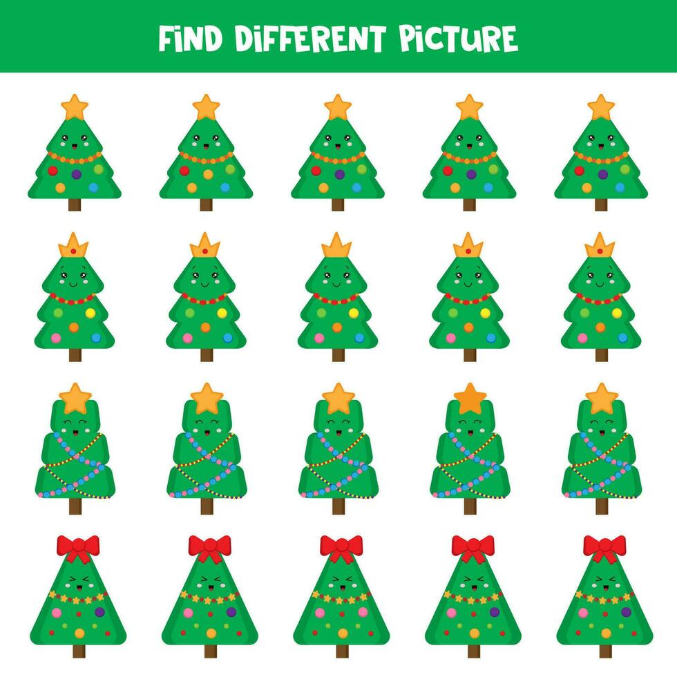 Find different Christmas tree in each row. Logical game for preschool kids. vector