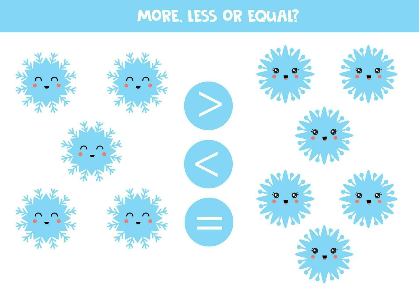 Grater, less or equal with cartoon kawaii snowflakes. vector