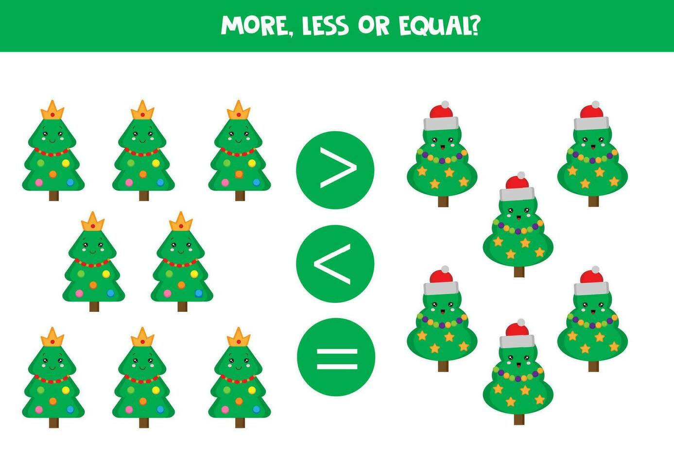 Grater, less or equal with cartoon kawaii Christmas trees. vector