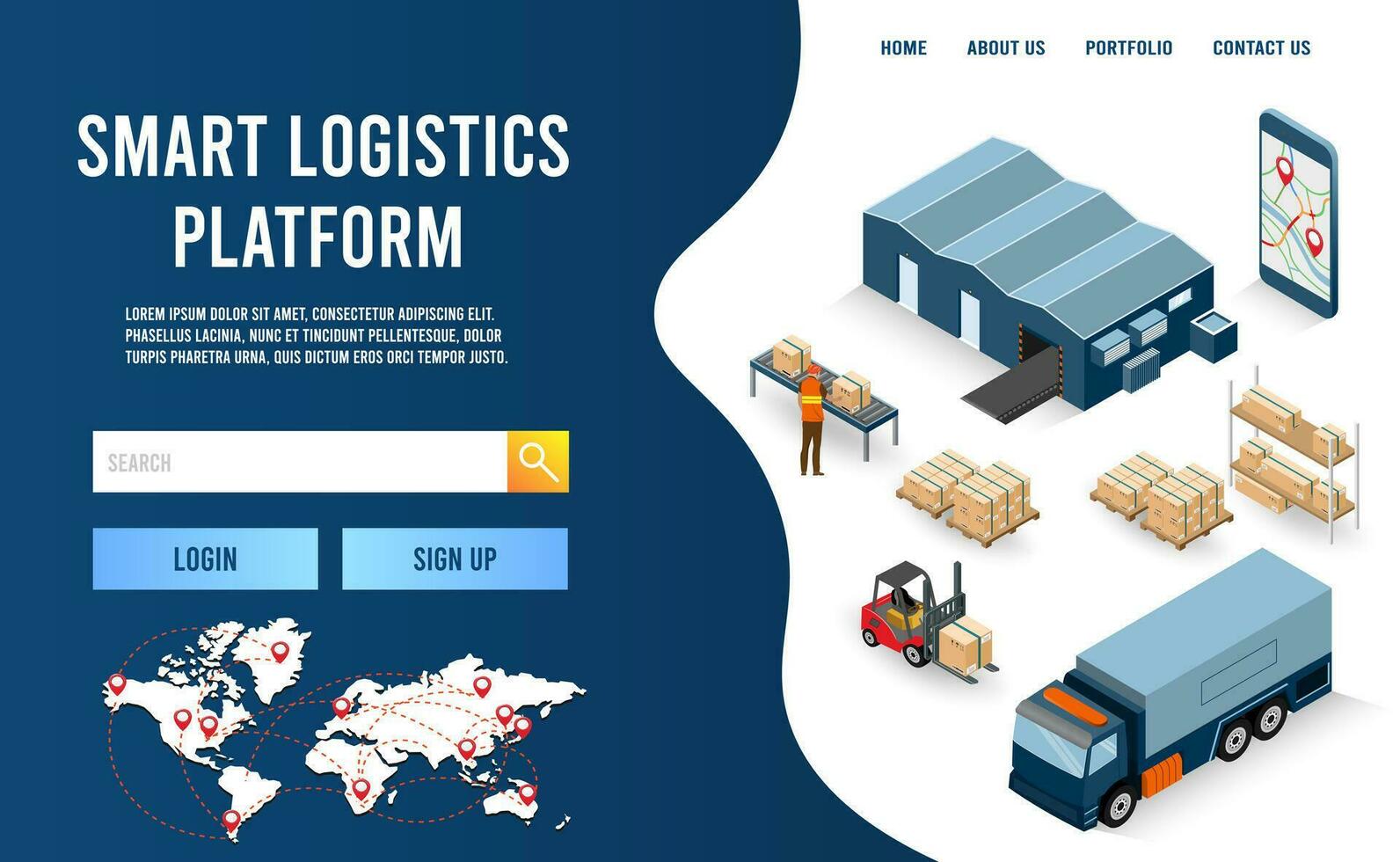 Modern Global logistic service concept with export, import, warehouse business, transport. Vector illustration eps 10