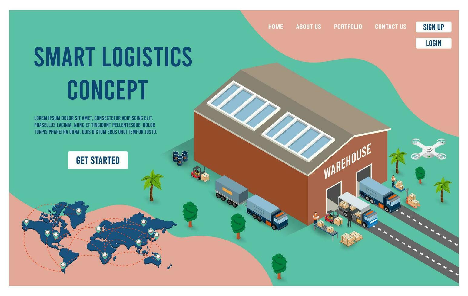 Modern Global logistic service concept with export, import, warehouse business, transport. Vector illustration eps 10