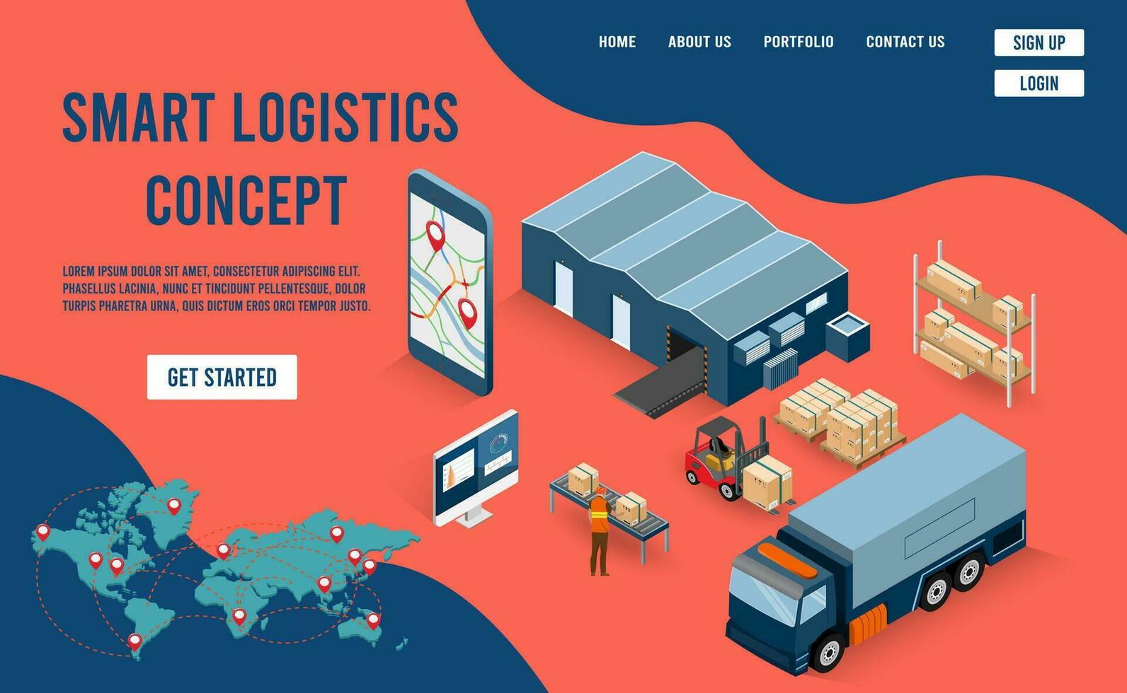 Modern Global logistic service concept with export, import, warehouse business, transport. Vector illustration eps 10