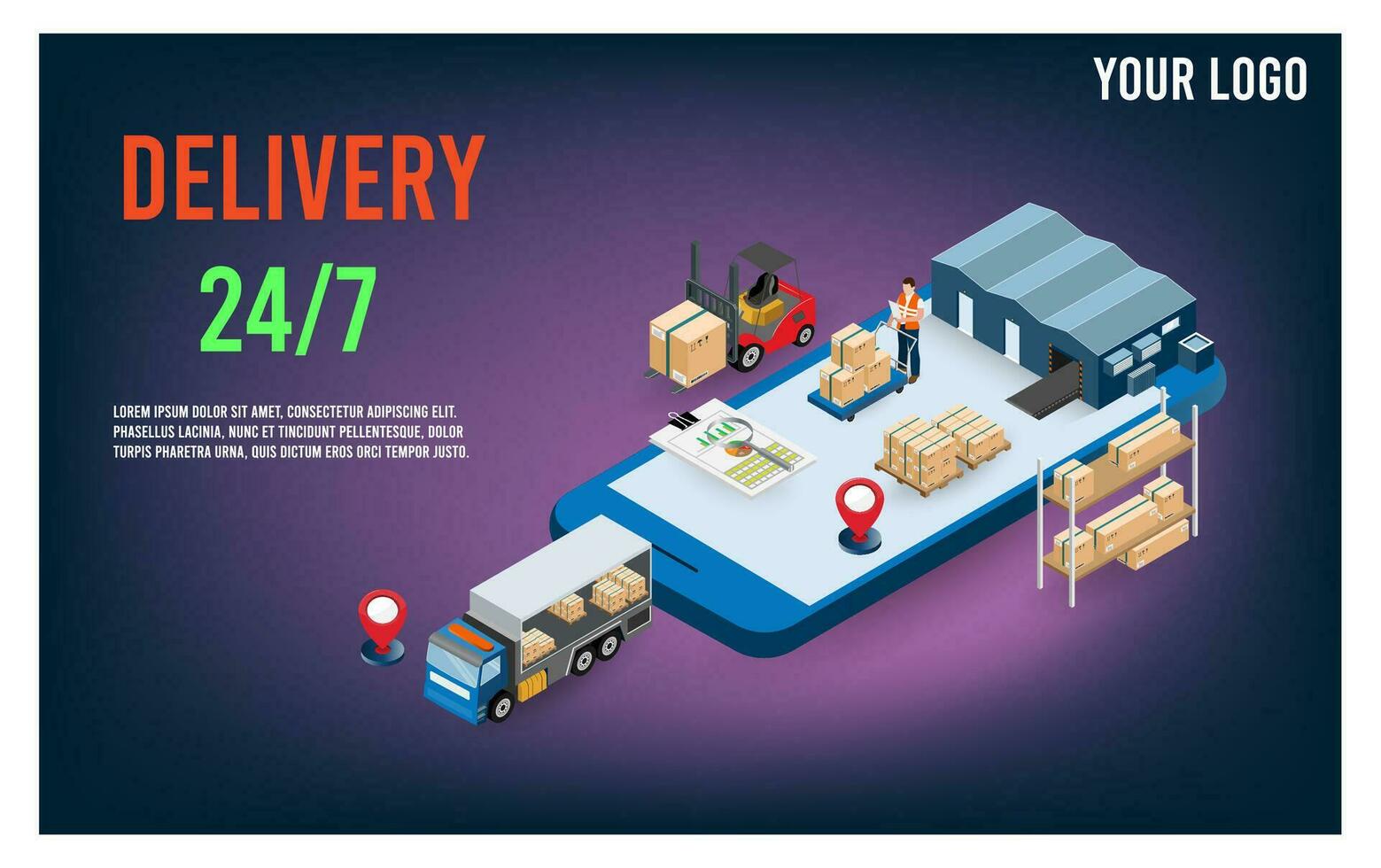 Modern Global logistic service concept with export, import, warehouse business, transport. Vector illustration eps 10