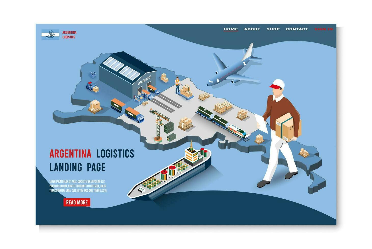 Modern isometric concept of Argentina transportation with Global Logistics, Warehouse Logistics, Sea Freight Logistics.  Easy to edit and customize. Vector illustration eps10