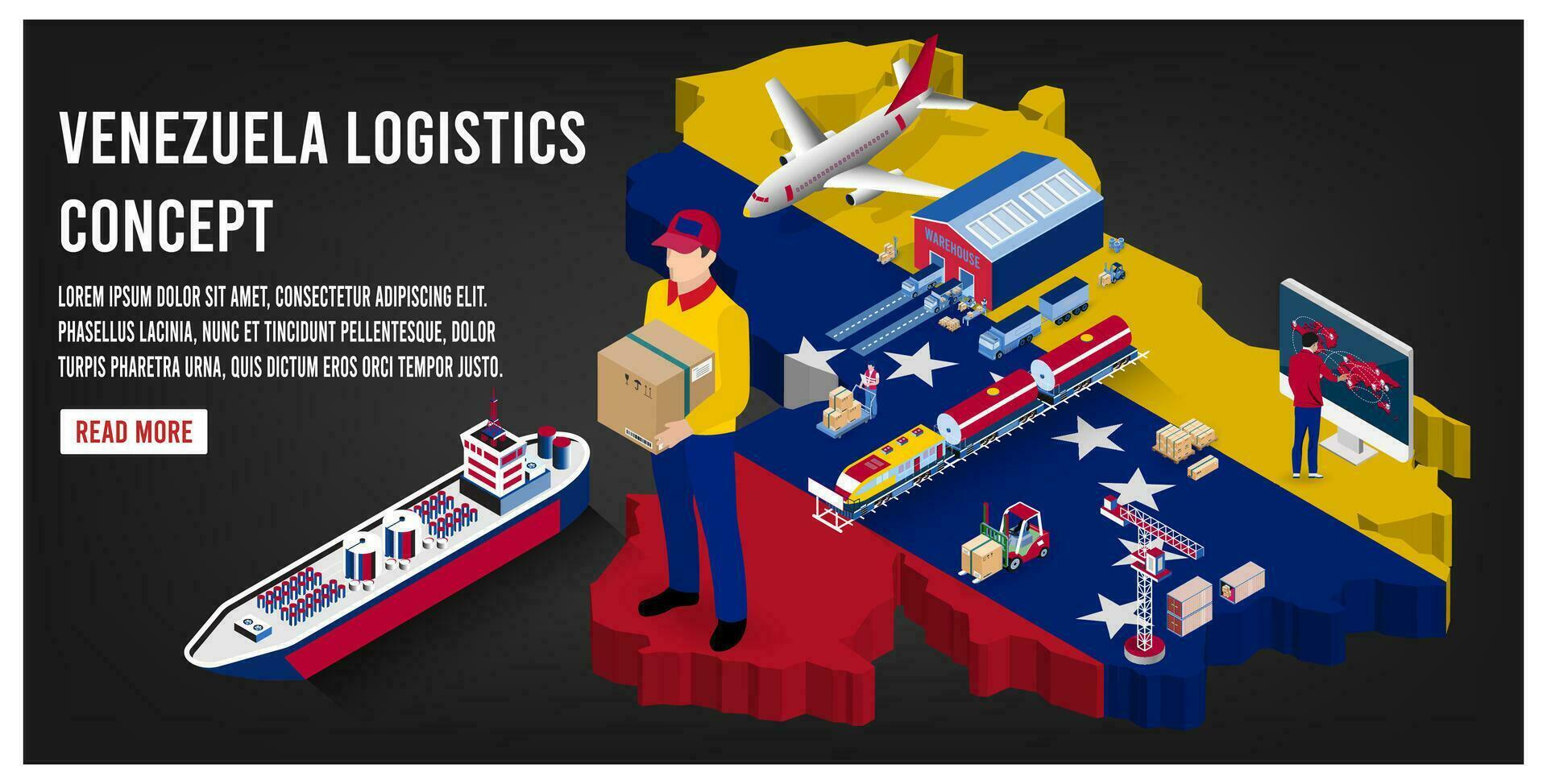 Modern isometric concept of Venezuela transportation with Global Logistics, Warehouse Logistics, Sea Freight Logistics.  Easy to edit and customize. Vector illustration eps10