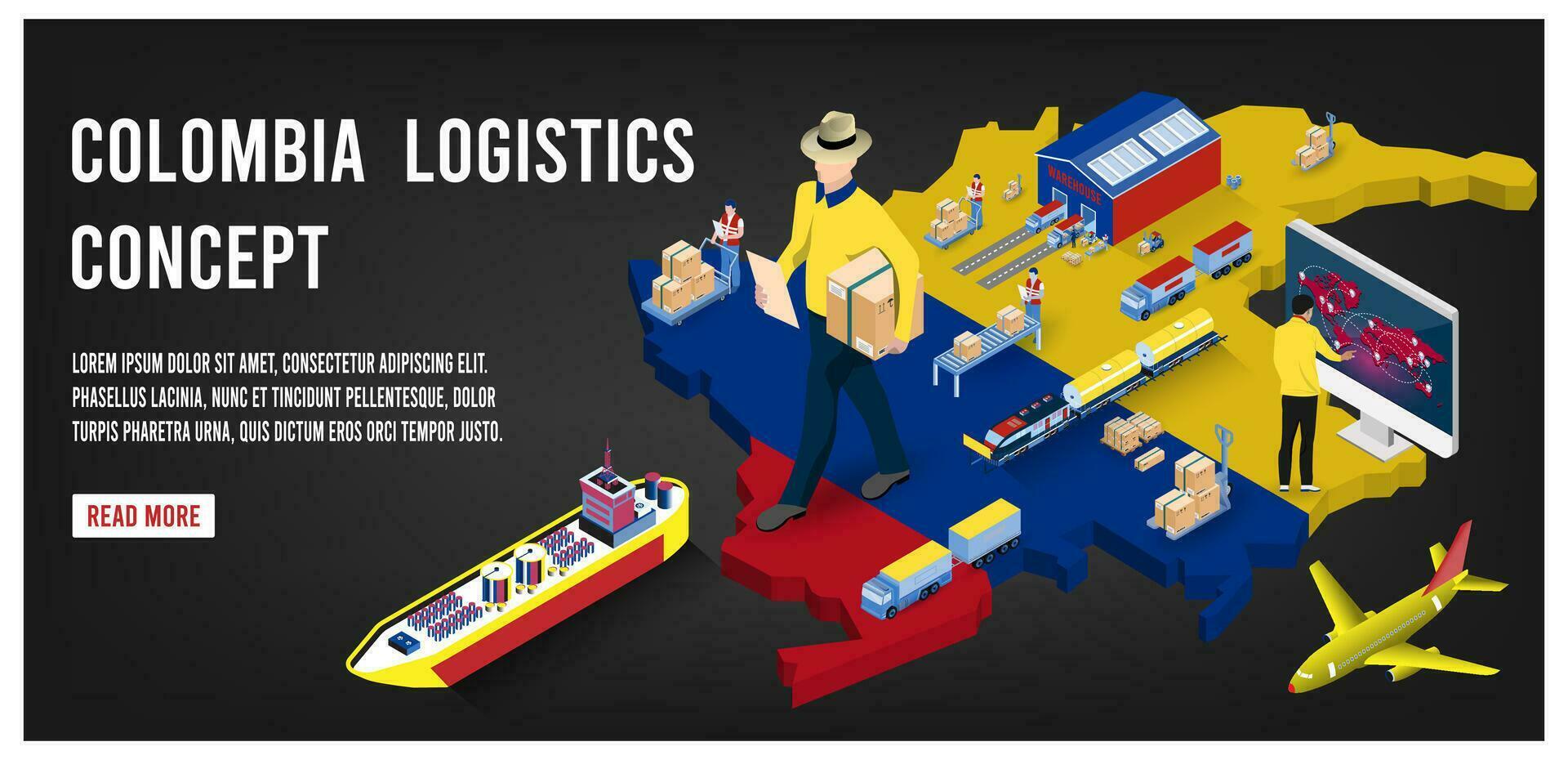 Modern isometric concept of Colombia transportation with Global Logistics, Warehouse Logistics, Sea Freight Logistics.  Easy to edit and customize. Vector illustration eps10