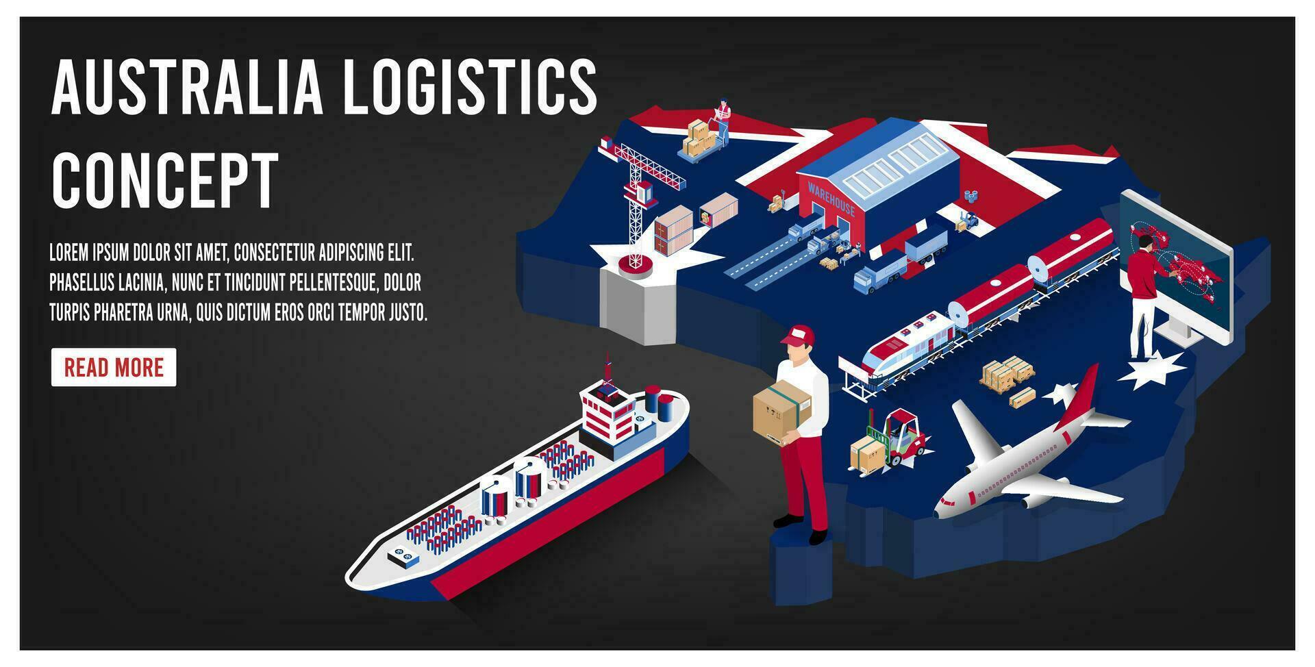 Modern isometric concept of Australia transportation with Global Logistics, Warehouse Logistics, Sea Freight Logistics.  Easy to edit and customize. Vector illustration eps10