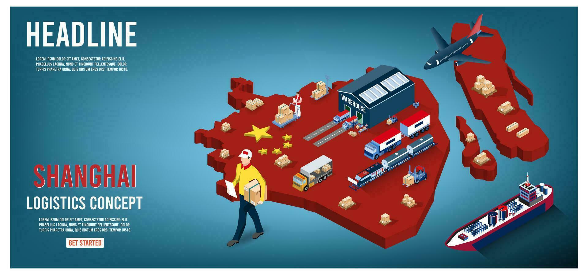 Modern isometric concept of Shanghai Logistics Landing page with Global Logistics, Warehouse, Sea Freight. vector
