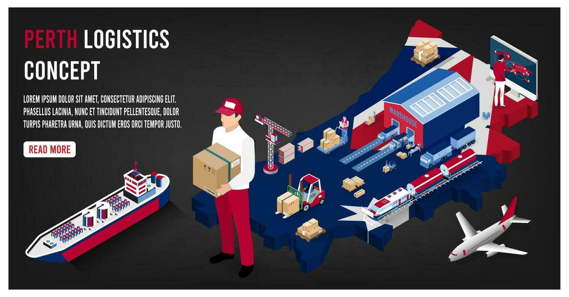 Modern isometric concept of Perth transportation with Global Logistics, Warehouse Logistics, Sea Freight Logistics.  Easy to edit and customize. Vector illustration eps10