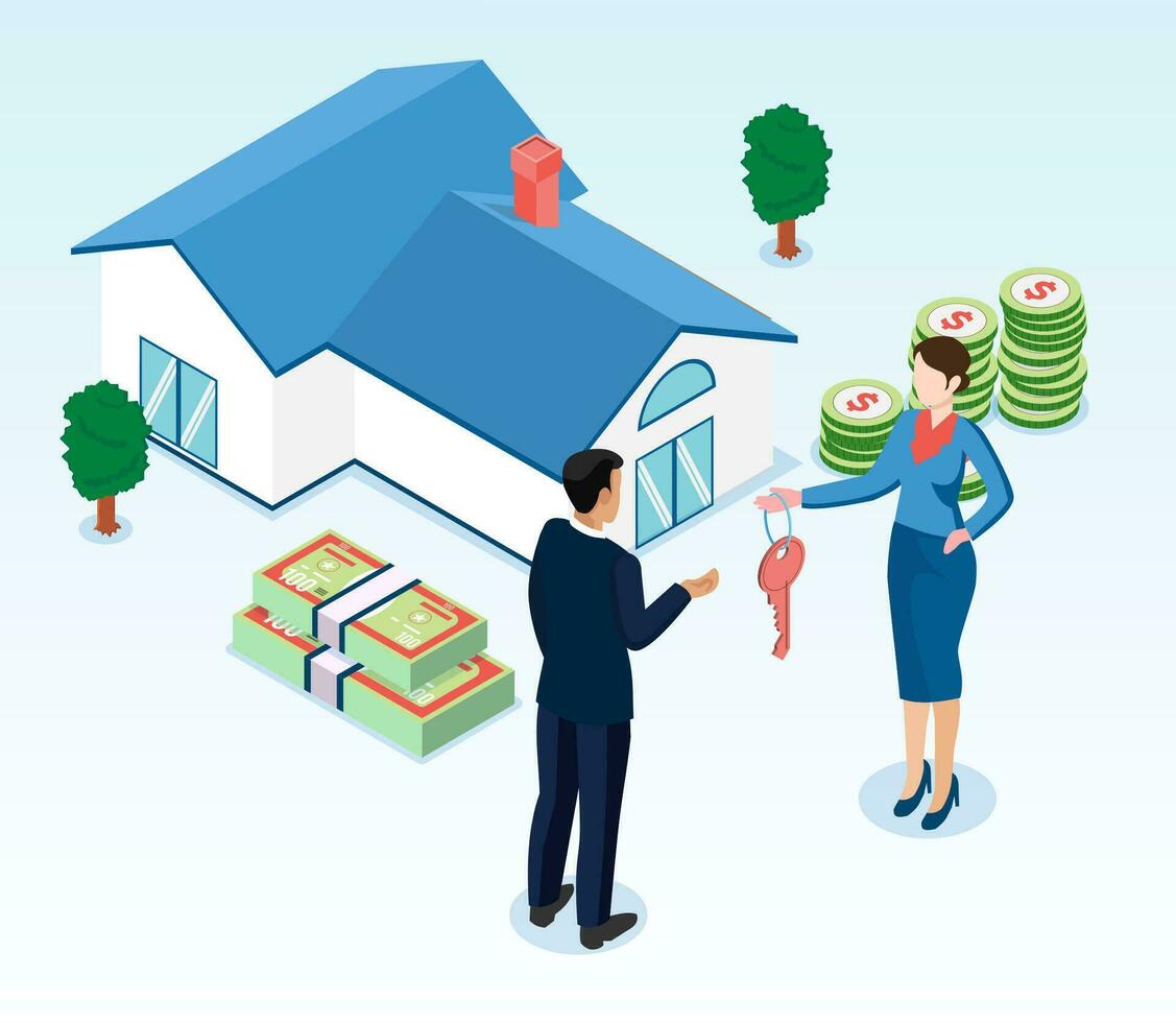 Flat tiny building purchase debt person's, House Loan, Rent, Real Estate Agent and Mortgage concept. 3D Isometric Vector Illustration Eps 10.
