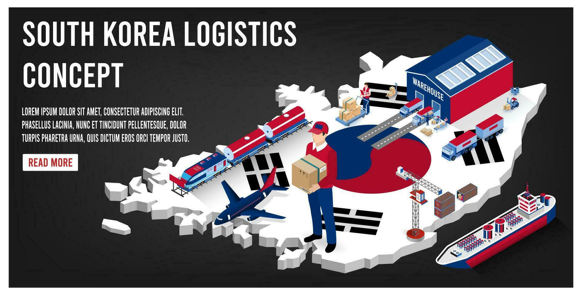 Modern isometric concept of South Korea transportation with Global Logistics, Warehouse Logistics, Sea Freight Logistics.  Easy to edit and customize. Vector illustration eps10