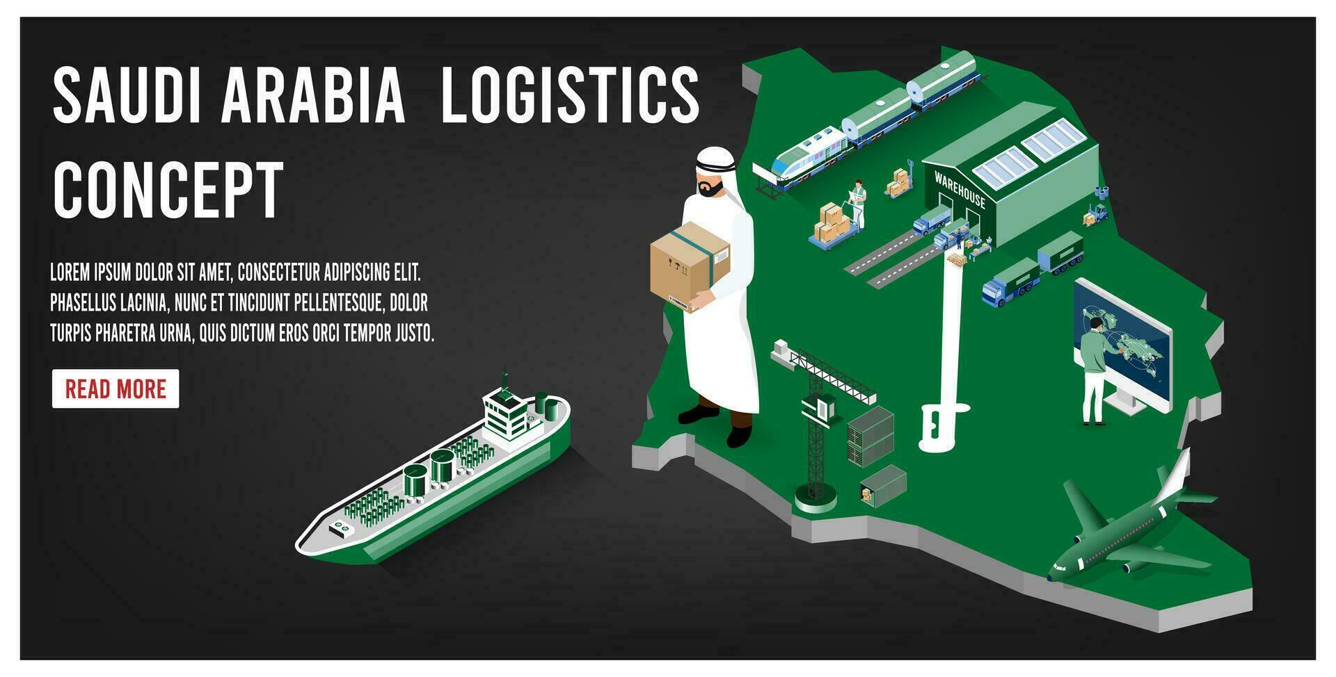 Modern isometric concept of Saudi Arabia transportation with Global Logistics, Warehouse Logistics, Sea Freight Logistics.  Easy to edit and customize. Vector illustration eps10