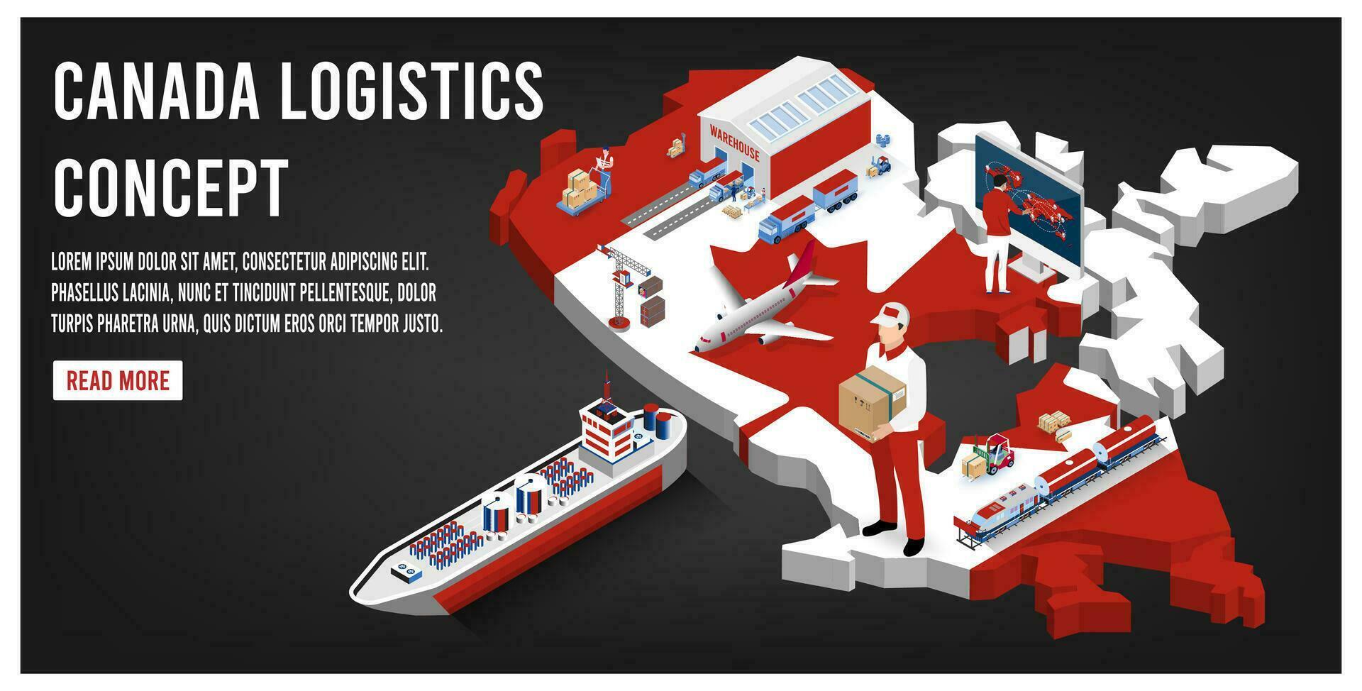Modern isometric concept of Canada transportation with Global Logistics, Warehouse Logistics, Sea Freight Logistics.  Easy to edit and customize. Vector illustration eps10