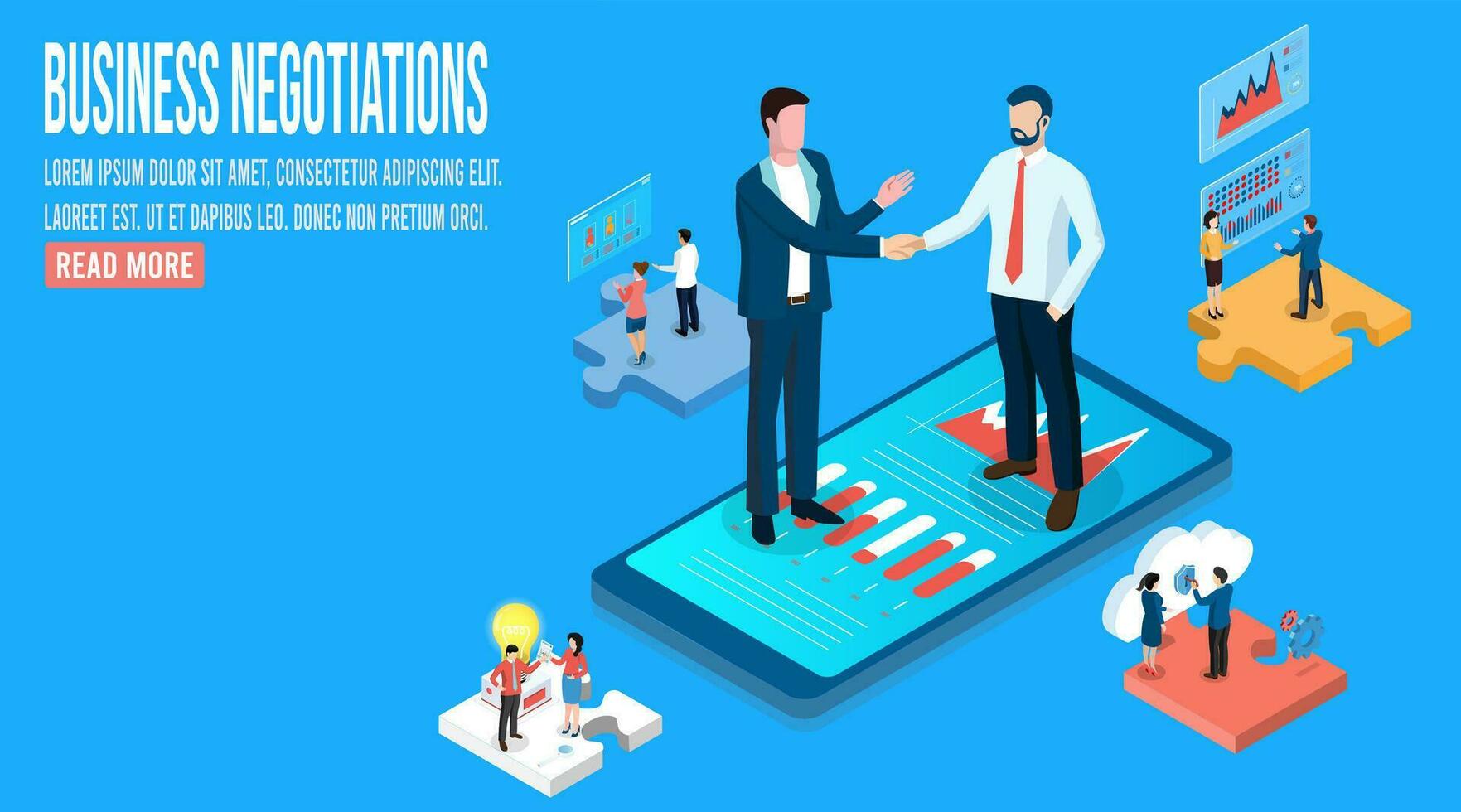3d isométrica negocio negociaciones concepto con personas trabajador estrechar la mano y acuerdo negocio en móvil teléfono. vector ilustración eps10