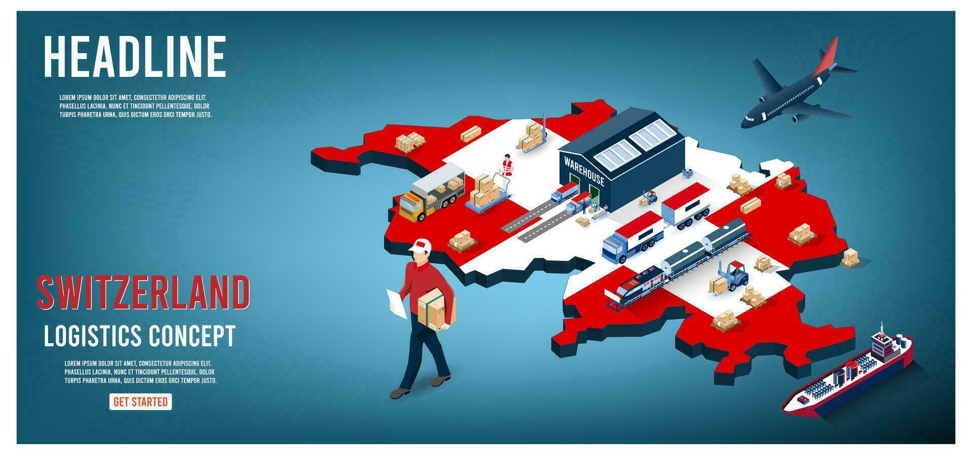 Modern isometric concept of Switzerland transportation with Global Logistics, Warehouse Logistics, Sea Freight Logistics.  Easy to edit and customize. Vector illustration eps10