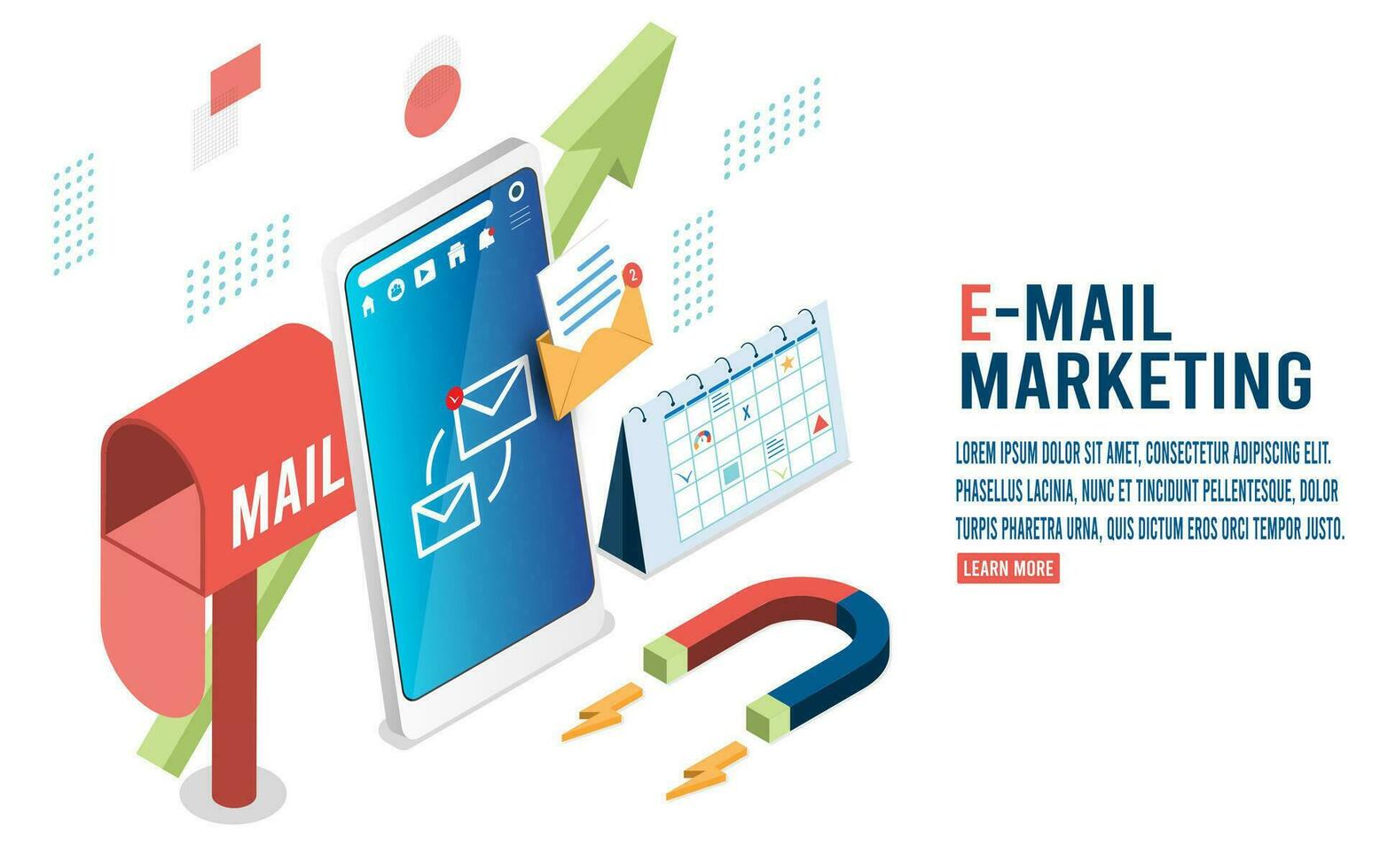 3D isometric E-mail marketing concept with email inbox electronic communication, marketing research, e-mailing notification. Vector illustration eps10