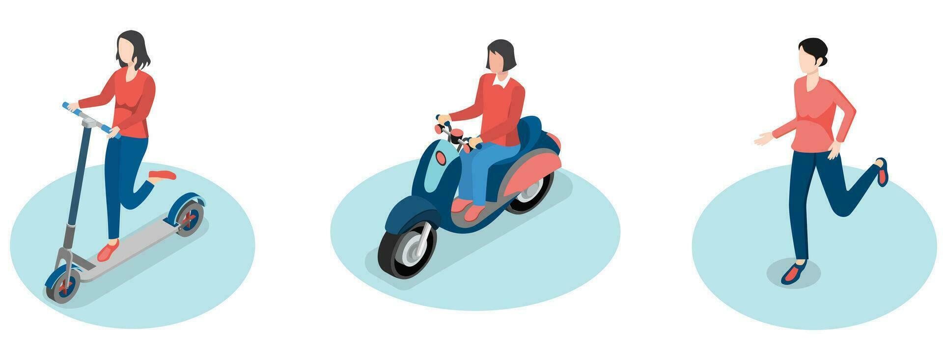 3d isométrica conjunto de mujer montando scooters, motocicleta y corriendo concepto. aislado en blanco antecedentes. vector ilustración eps10