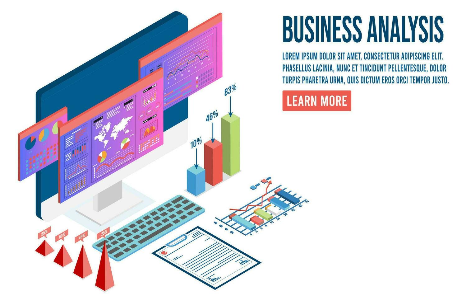 moderno 3d isométrica diseño concepto de negocio análisis con negocio personas equipo trabajando con datos visualización para sitio web y móvil sitio web. vector ilustración eps10