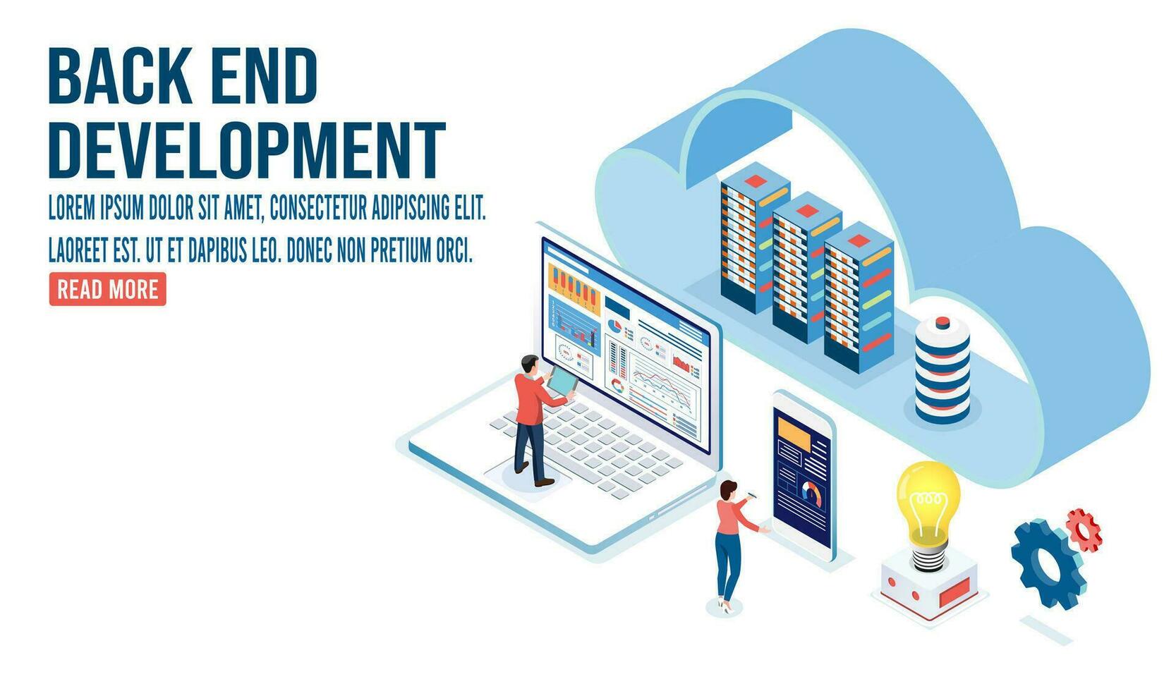 3d isometric Front and Back end development concept with coding and programming, studying with computers scene, Online IT courses, esponsive web design.  Illustration eps10 vector