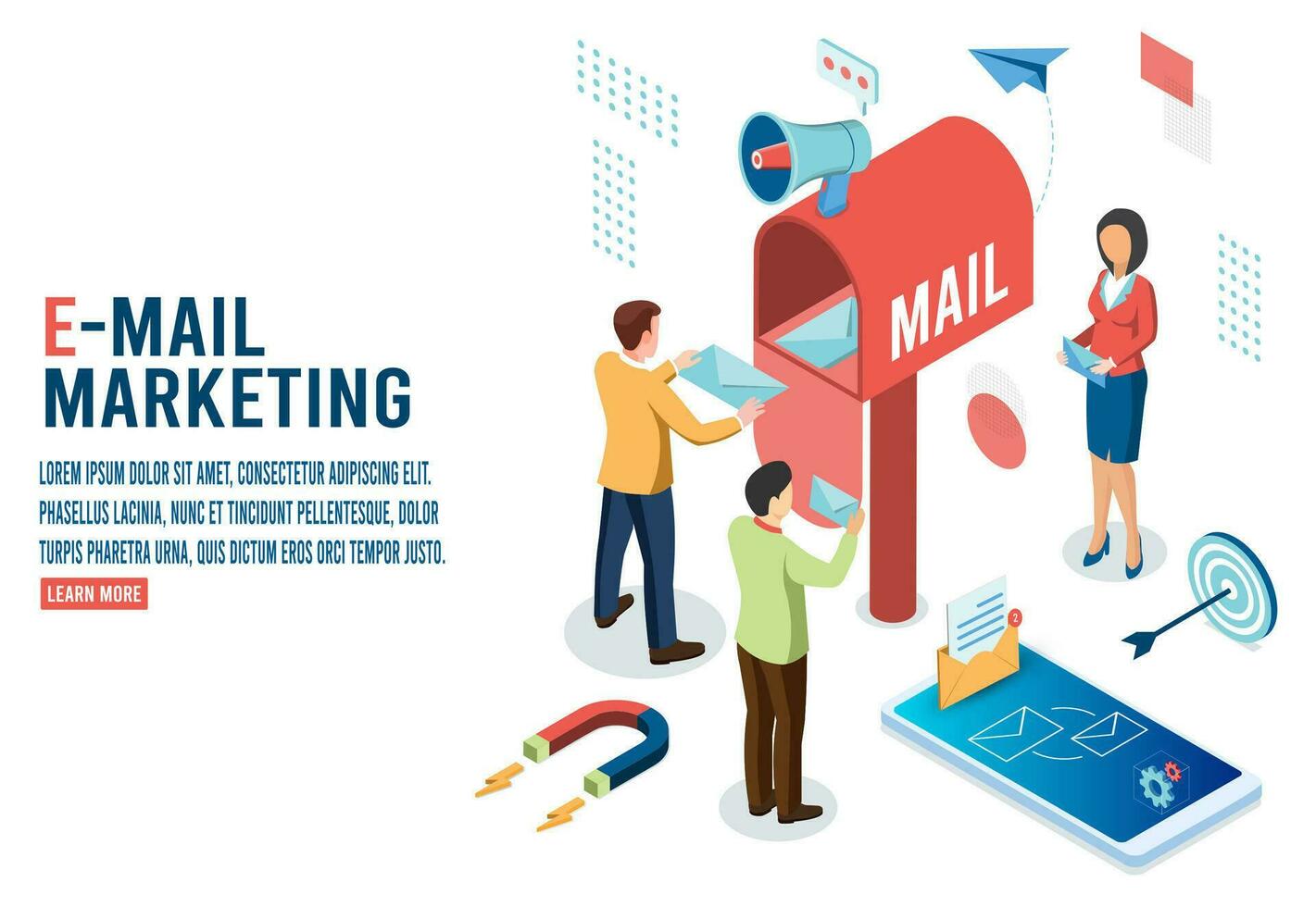 3D isometric E-mail marketing concept with email inbox electronic communication, marketing research, e-mailing notification. Vector illustration eps10