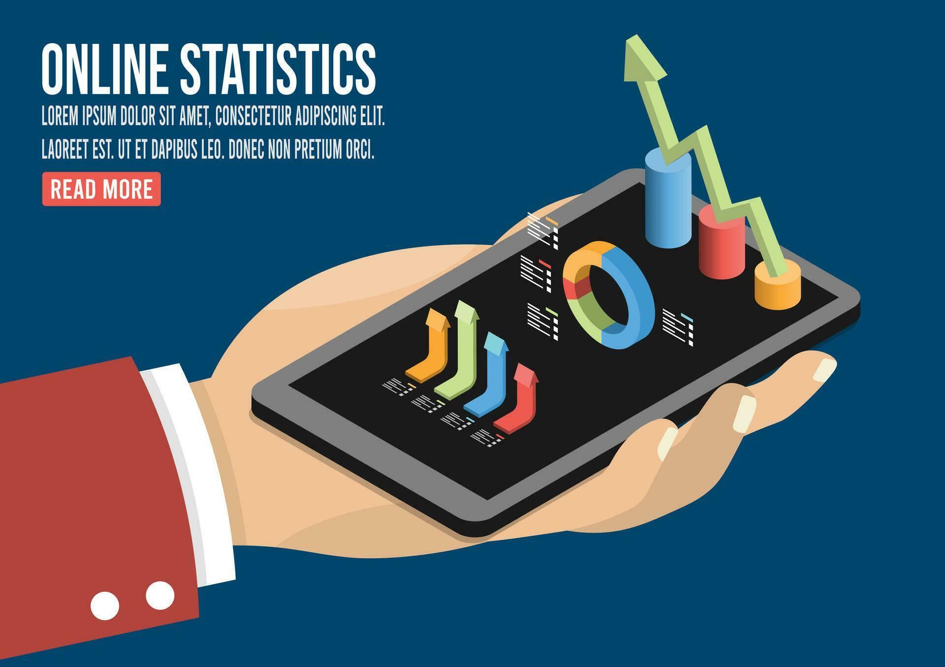 3D isometric Online statistics concept with Human hands holding mobile