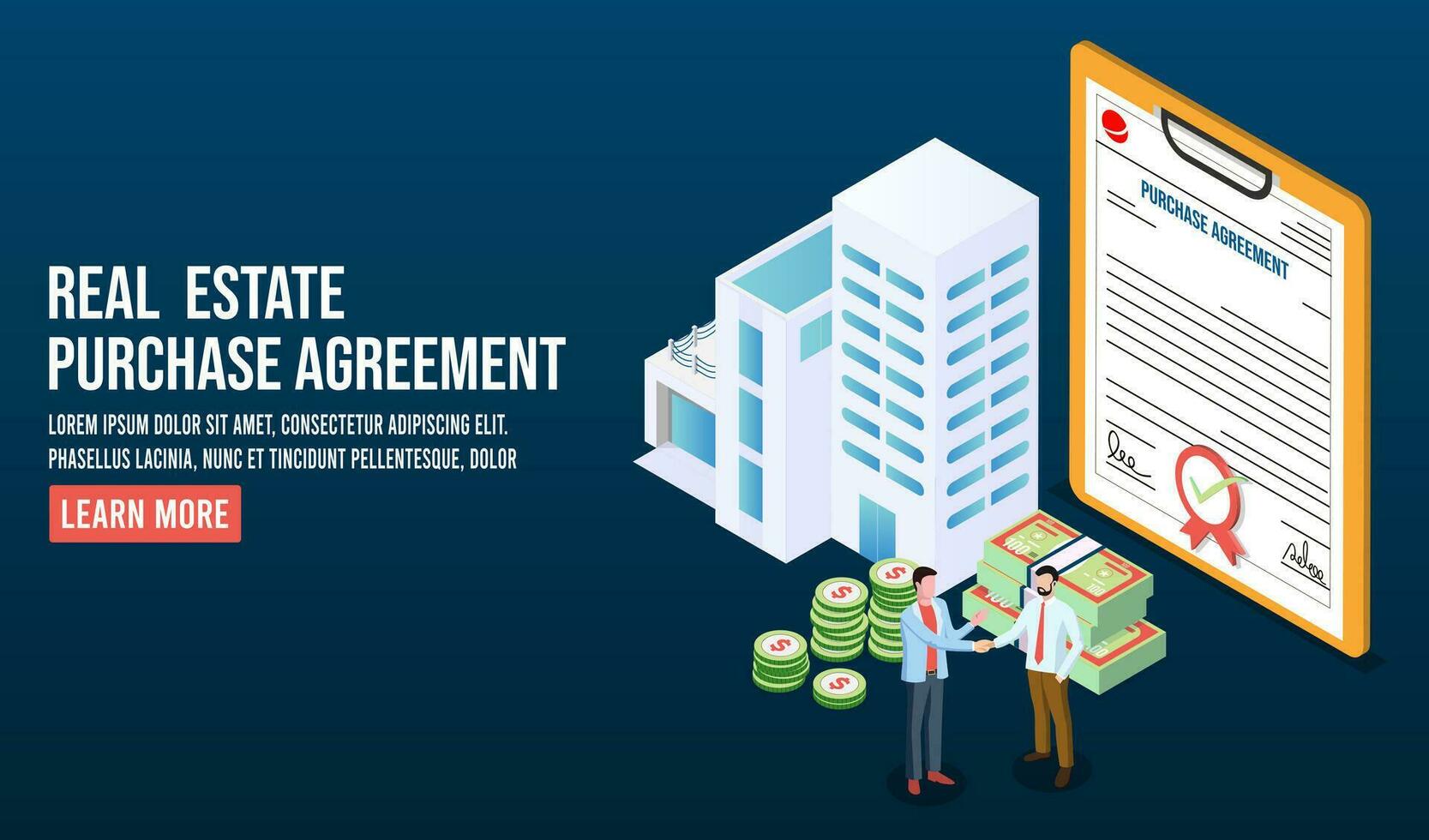 3d isometric Real estate purchase agreement concept with Buyer, Real estate agent, Property money investment contract, House loan Vector, calculates home mortgage rate. Illustration eps10 vector