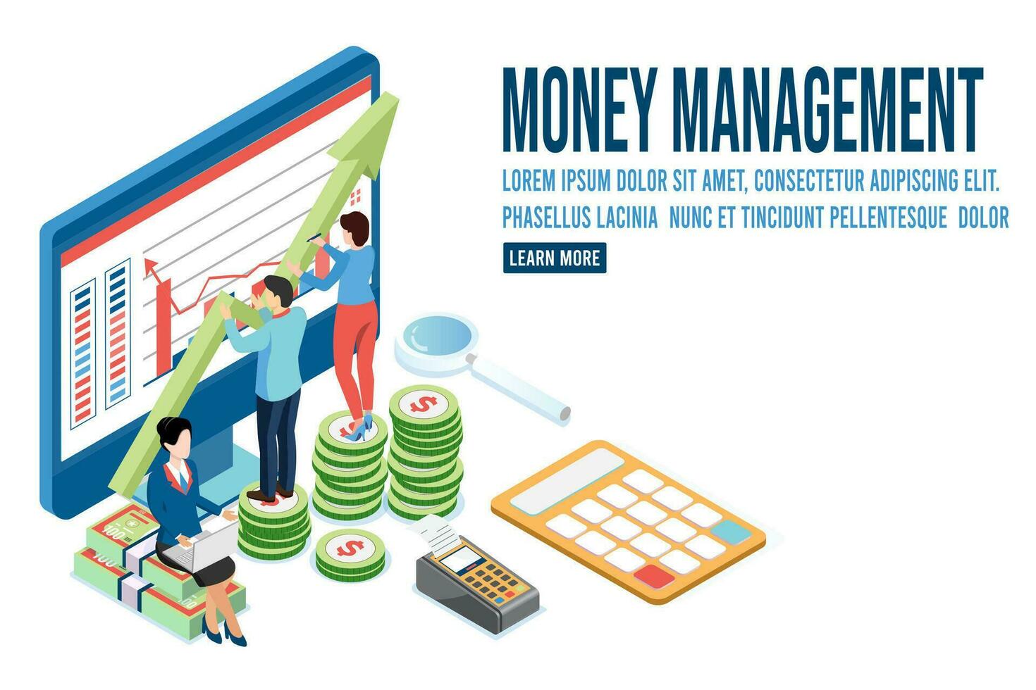 3d isométrica dinero administración concepto con regreso en inversión, ingresos crecimiento, largo término inversión, banco depósito, cartera y calculadora. vector ilustración eps10