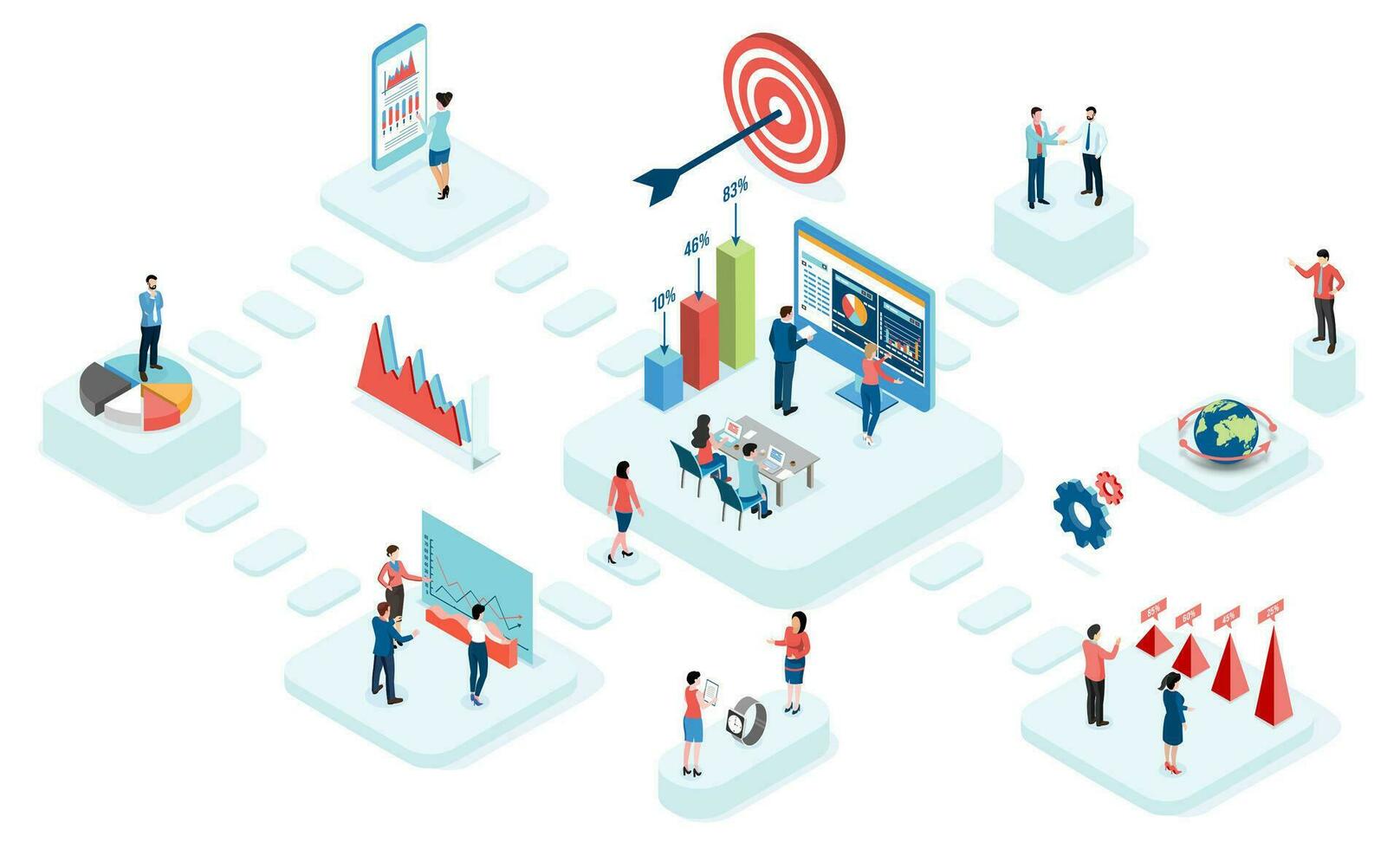 3D isometric business workflow with data Investment, Project management, business communication graphs and papers.  vector illustration eps10.