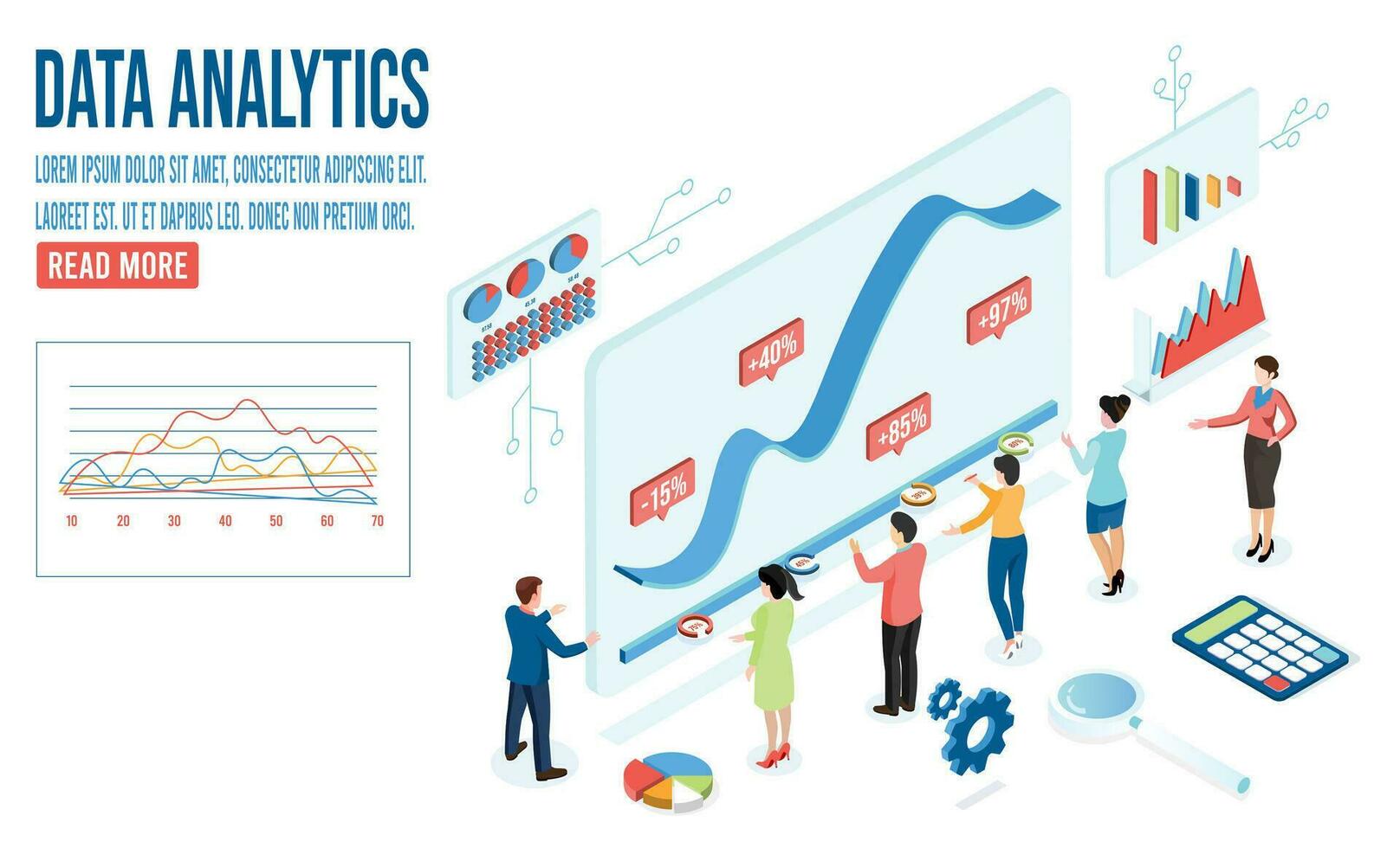 Modern 3d isometric design concept of Data Analysis with business people team working with Data Visualization for website and mobile website. Vector Illustration eps10