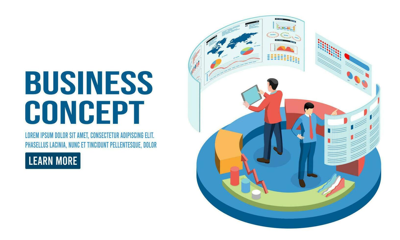 Modern 3d isometric design concept of Data Analysis with business people team working with Data Visualization for website and mobile website. Vector Illustration eps10