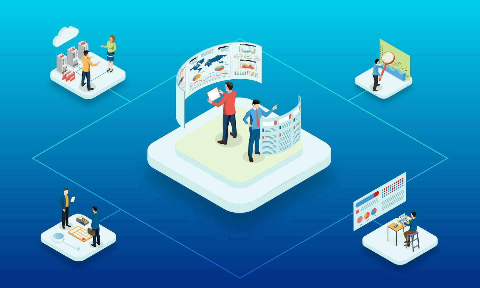 Modern 3d isometric design concept of Data Analysis with business people team working with Data Visualization for website and mobile website. Vector Illustration eps10