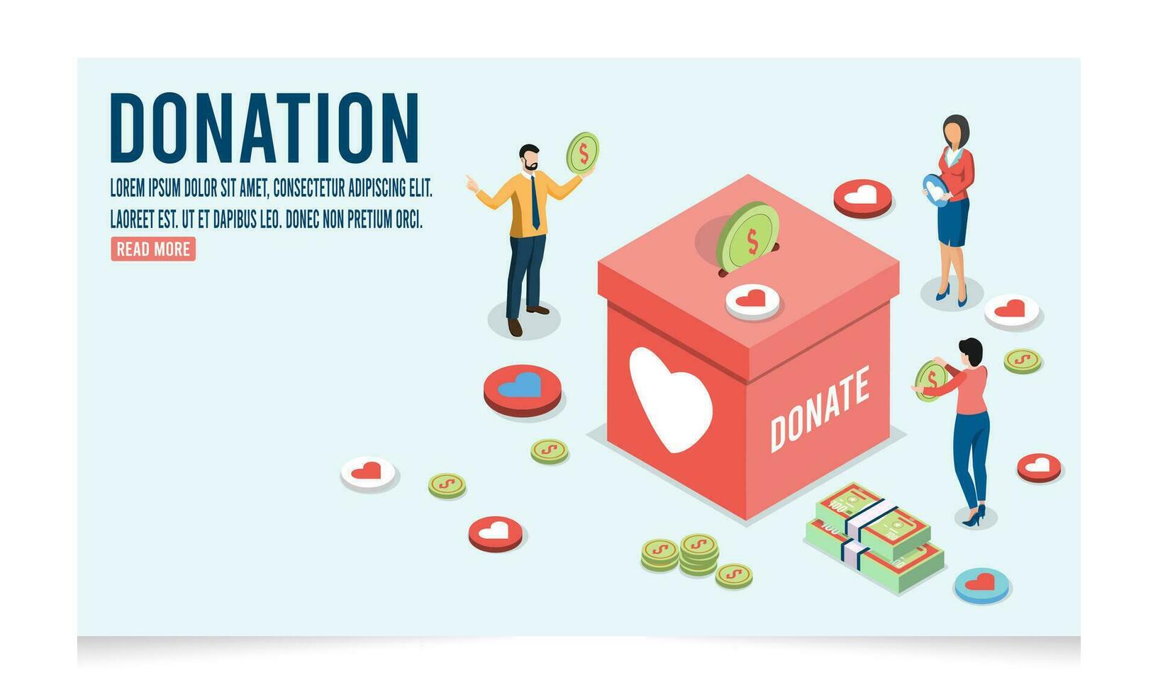 3d isométrica donación concepto con personas lanzar corazones dentro un caja para donaciones, caridad y financiero apoyo, caja para donaciones . vector ilustración eps10