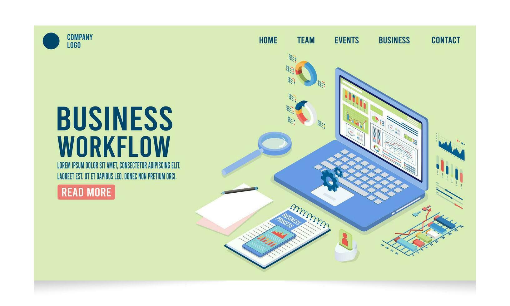 3D isometric business workflow with data Investment, Project management, business communication graphs and papers.  vector illustration eps10.