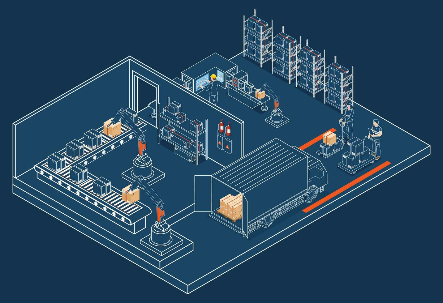 3d isométrica logística almacén trabajo proceso concepto con transporte operación servicio, industrial Internet de cosas y autónomo robot. vector ilustración eps 10