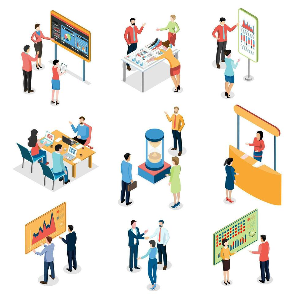 3D isometric Business activities concept with office workers process a work scheduling, planning. Modern trendy concepts for web sites and mobile web sites. Vector illustration eps10