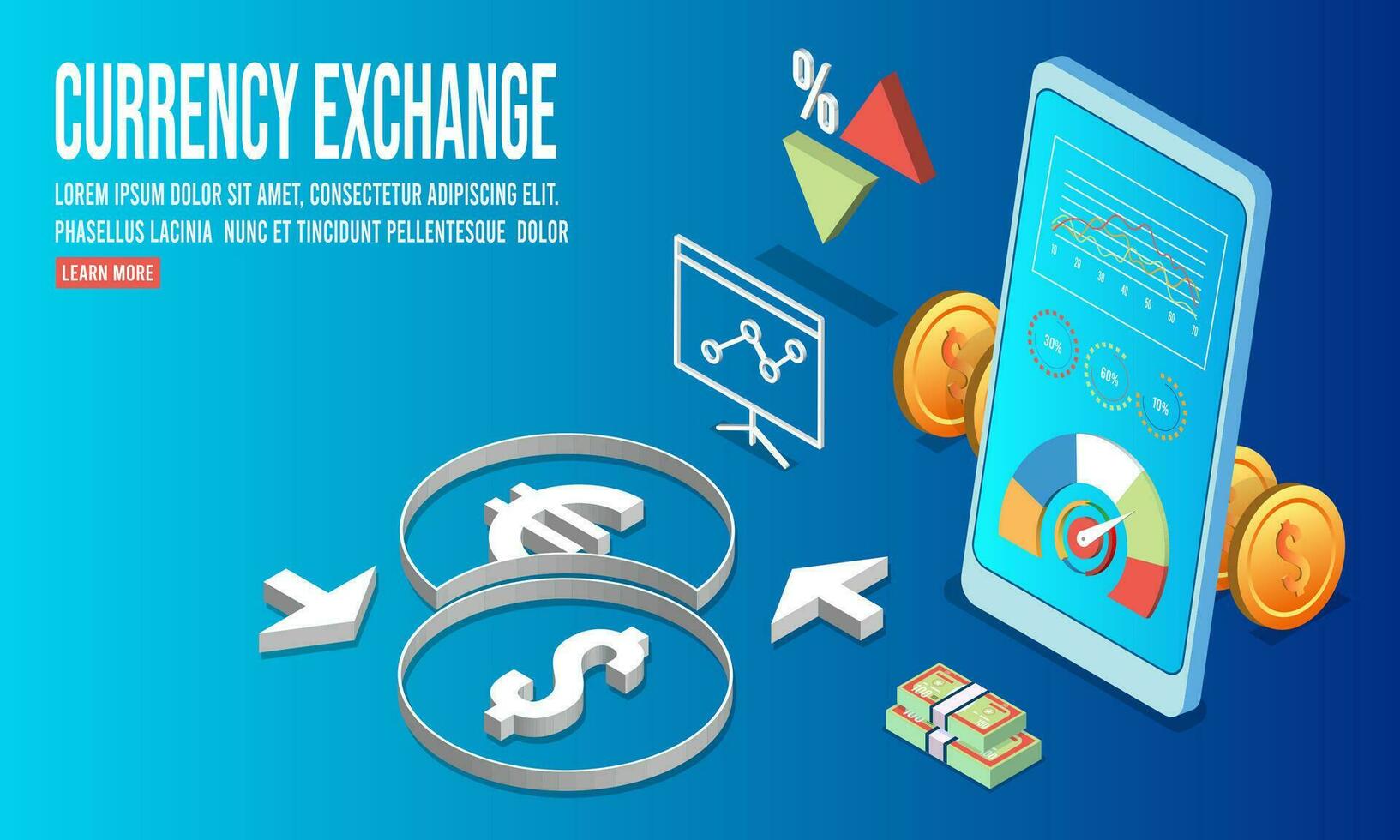 3D isometric Digital Currency Exchange concept with business technology mobile phone for business people and Online Economy Applications for Quick Currency Exchange. Vector illustration eps10