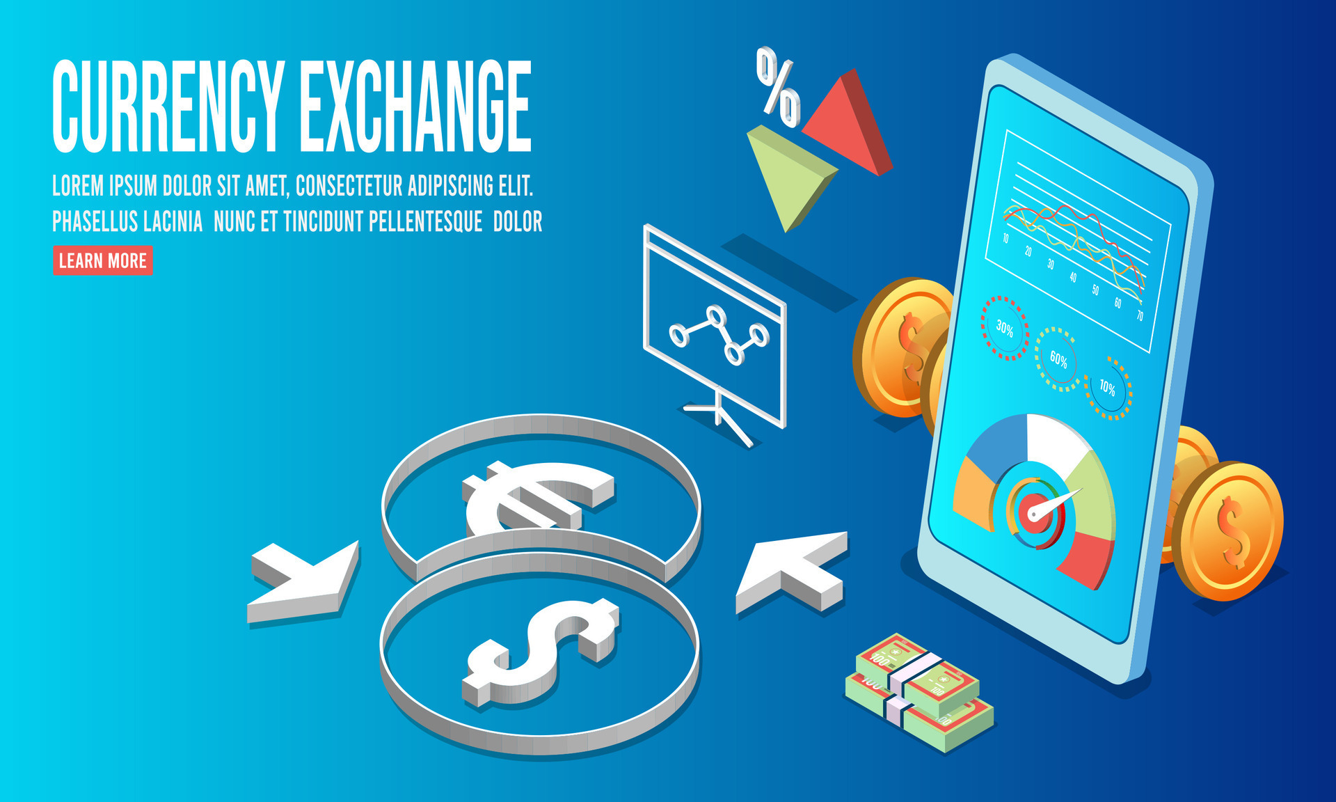 3D isometric Digital Currency Exchange concept with business technology