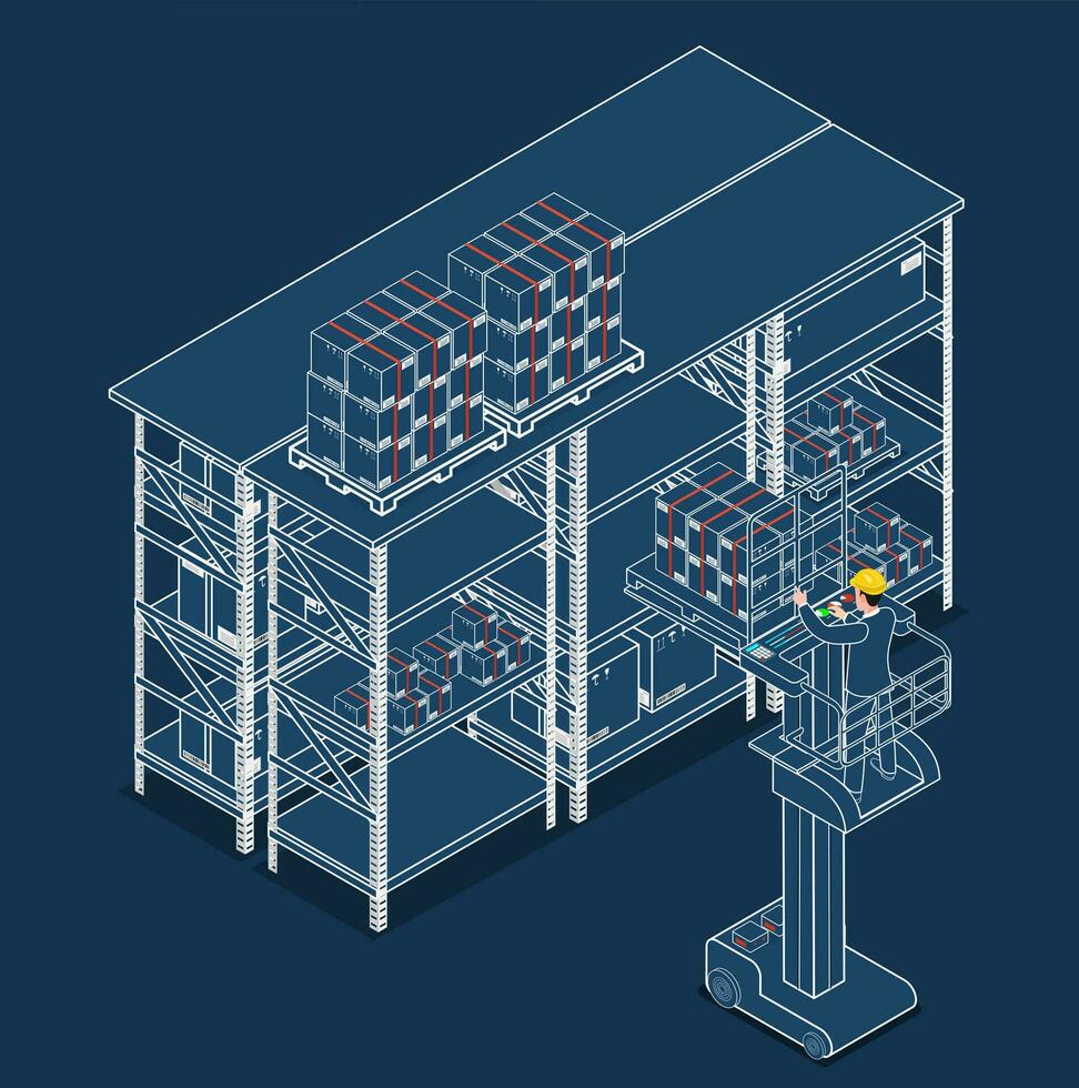 Warehouse worker drives a picker forklift to loads cardboard boxes onto the shelves. Vector illustration eps10