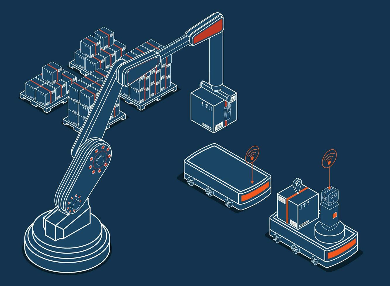 Automation Industry 4.0 concept with Robot arm and cardboard boxes on Autonomous Robot Transportation operation service. Vector illustration eps10