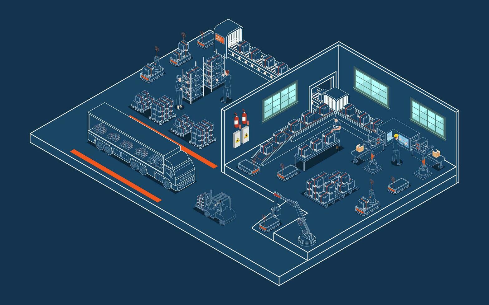 Logistics Warehouse Work Process Concept with Transportation operation service, Industrial Internet of Things and Autonomous Robot. Vector illustration EPS 10