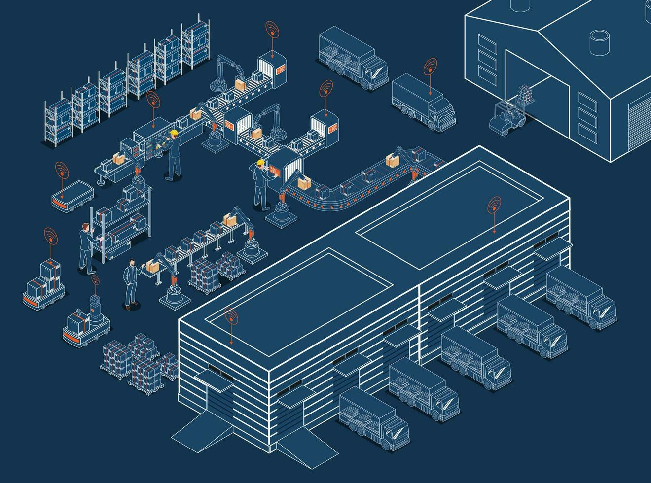 Smart Warehouse Management System with Warehouse simulation, Logistics flexibility, Robotic process automation and Accurate inventory counts. Vector illustration eps10