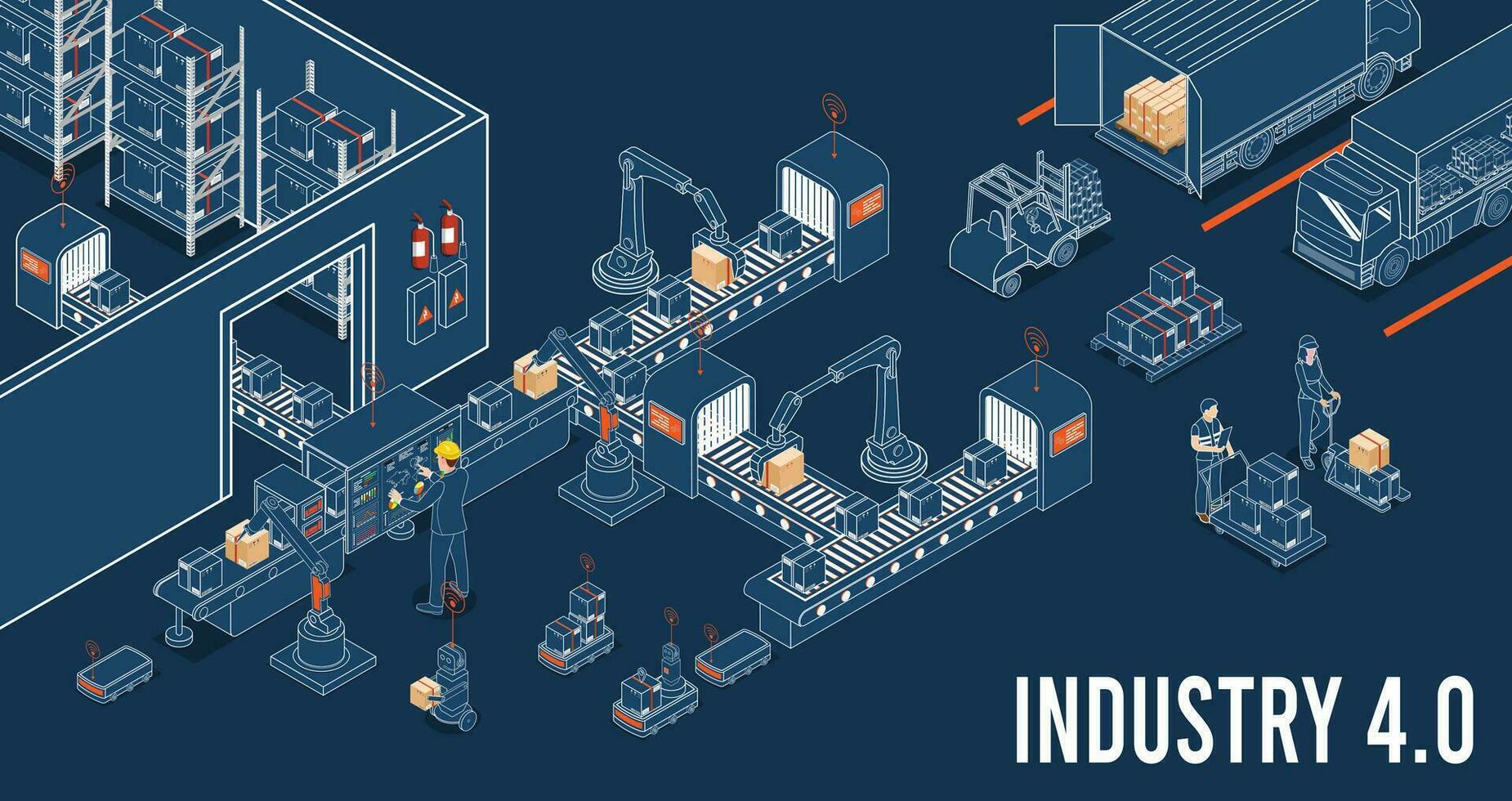 3D isometric Industry 4.0 concept with Internet of Things, Cloud computing, AI and machine learning, Edge computing, Cybersecurity and Digital twin. Vector illustration eps10