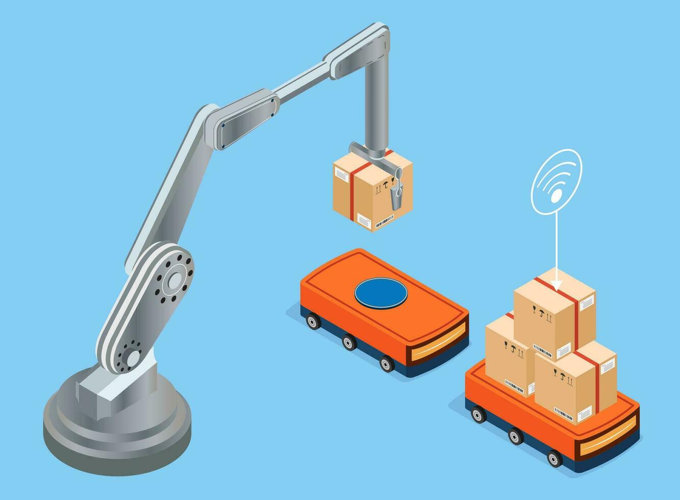 Automation Industry 4.0 concept with Robot arm and cardboard boxes on Autonomous Robot Transportation operation service. Vector illustration eps10