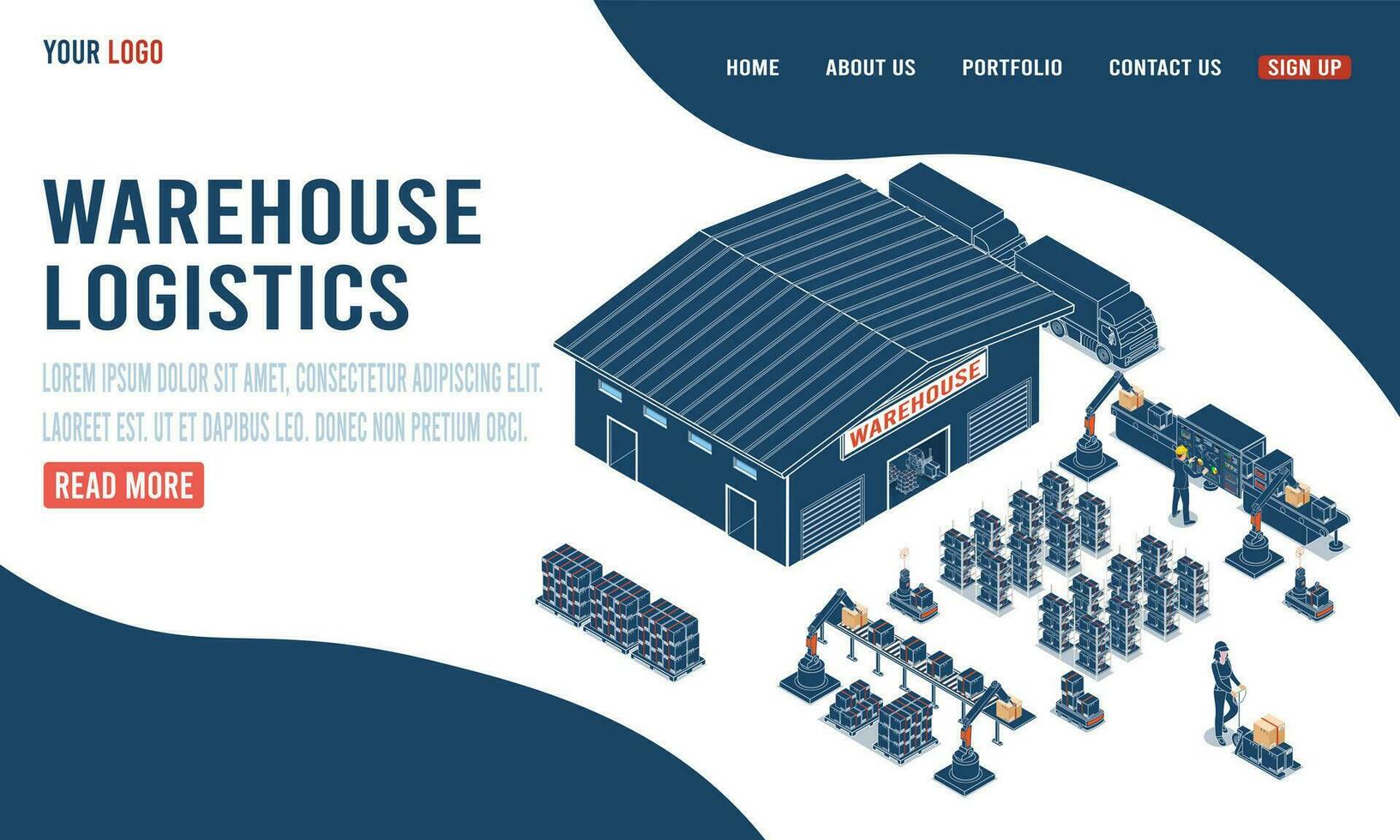 Warehouse Logistic Landing page template with Workers loading products on belt conveyor and Transportation operation service for website and mobile website. Vector illustration eps10