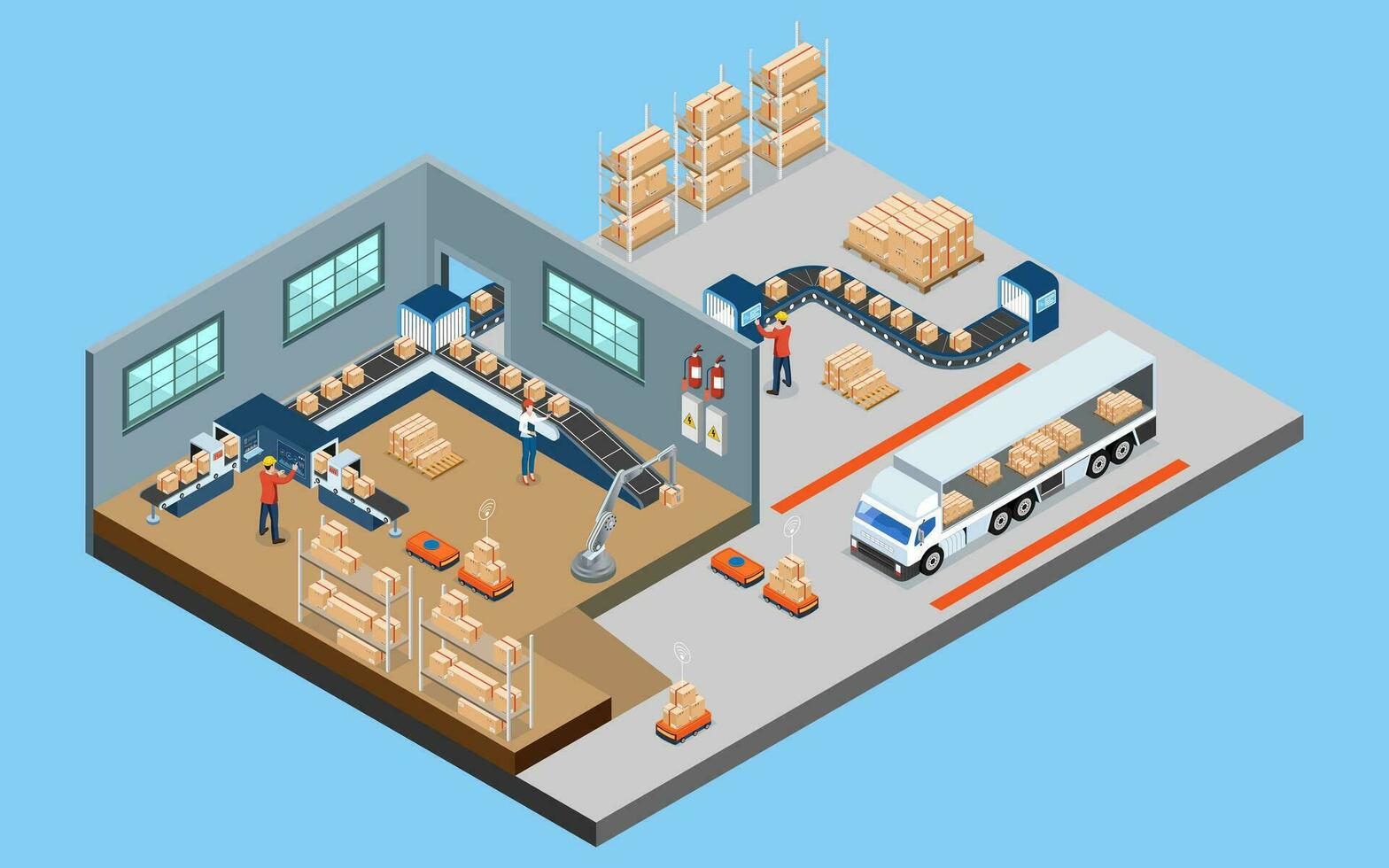 Smart Warehouse Technology and Automated Warehouse Robots Concept with Industry 4.0, Warehouse Automation System and Autonomous Robot Transportation operation service. Vector illustration EPS 10